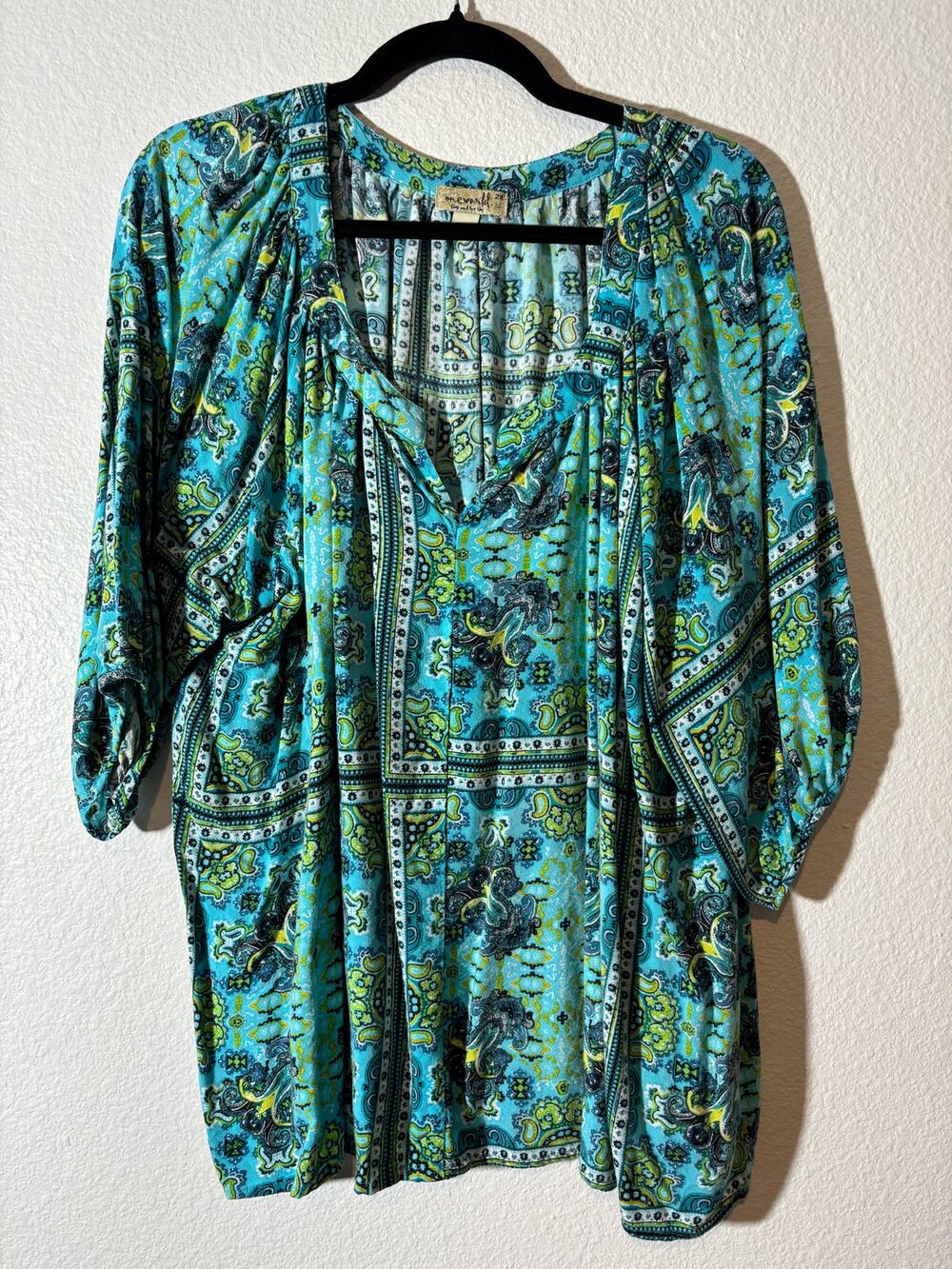 One World Women's Size 2X Blue Green Paisley Elbow Sleeves Boho Rayon Top